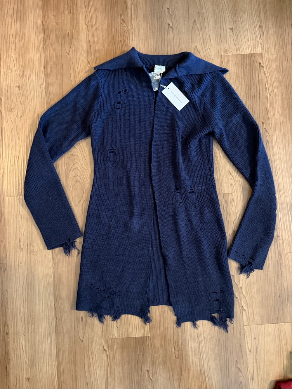 NWT Lovers + Friends Navy Blue Distressed Long Open Front Sweater Large
